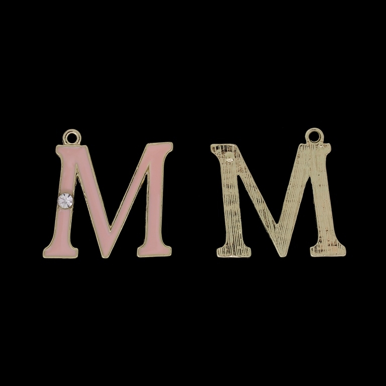 METAL BEADS WITH ENAMEL AND CRYSTALS - PENDANT - LETTER M - 24х25х2mm GOLD AND PINK (LIGHT) - PACKAGE 40pcs. Hole-1.9mm