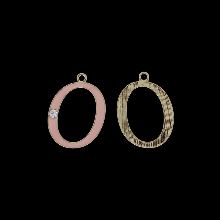 METAL BEADS WITH ENAMEL AND CRYSTALS - PENDANT - LETTER O - 19х26х2mm GOLD AND PINK (LIGHT) - 4pcs. Hole-1.8mm