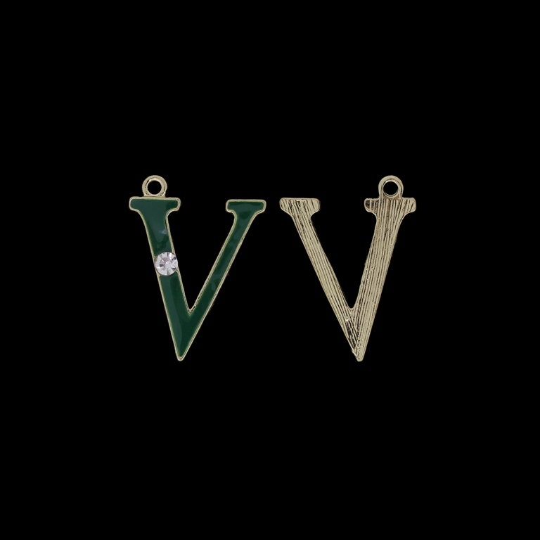 METAL BEADS WITH ENAMEL AND CRYSTALS - PENDANT - LETTER V - 19х26х2mm GOLD AND GREEN - 4pcs. Hole-1.8mm