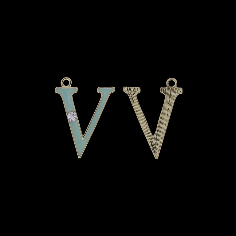 METAL BEADS WITH ENAMEL AND CRYSTALS - PENDANT - LETTER V - 19х26х2mm GOLD AND TURQUOISE (LIGHT) - PACKAGE 40pcs. Hole-1.8mm