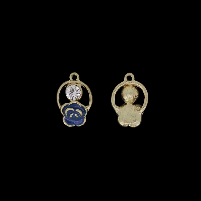 METAL BEADS WITH ENAMEL AND CRYSTALS - PENDANT - ROSE 07 WITH CIRCLE CONTOUR - 14х20х5mm GOLD AND BLUE (DARK) - PACKAGE 40pcs. Hole-1.8mm