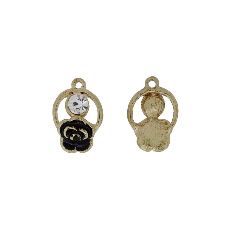 METAL BEADS WITH ENAMEL AND CRYSTALS - PENDANT - ROSE 07 WITH CIRCLE CONTOUR - 14х20х5mm GOLD AND ЧЕРНО - 4pcs. Hole-1.8mm