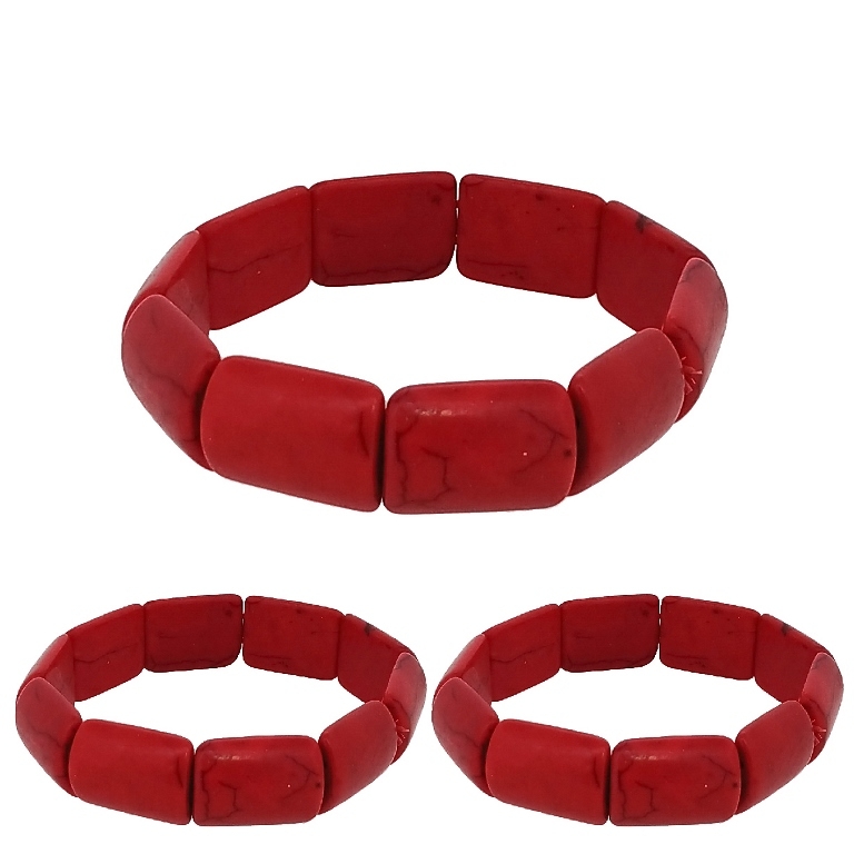 JEWELRY - ELASTIC BRACELET - NATURAL STONE - OVALS 2x1.5cm - RED - PACKAGE 12pcs.