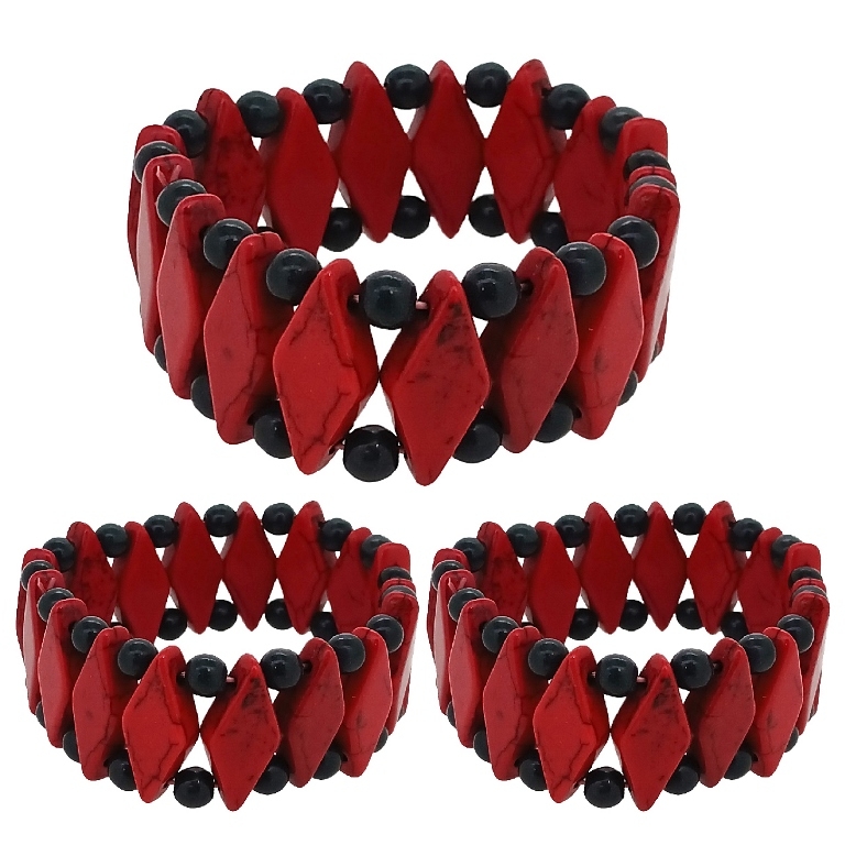 JEWELRY - ELASTIC BRACELET - NATURAL STONE - RHOMBUS 1.1x2.5cm AND BALL 6mm - RED AND BLACK - PACKAGE 12pcs.