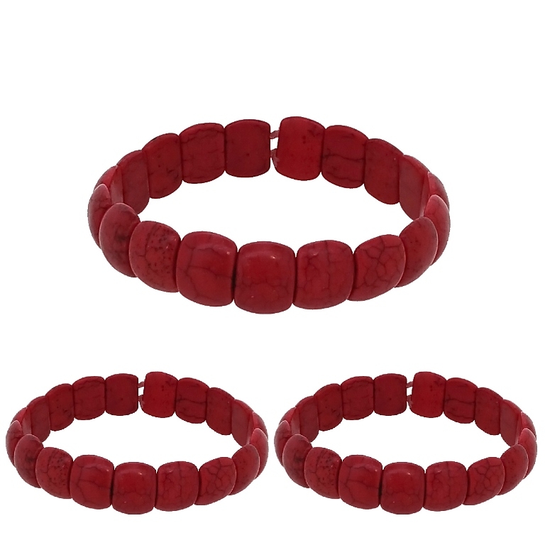 JEWELRY - ELASTIC BRACELET - NATURAL STONE - OVALS 1x1.3cm - RED - PACKAGE 12pcs.