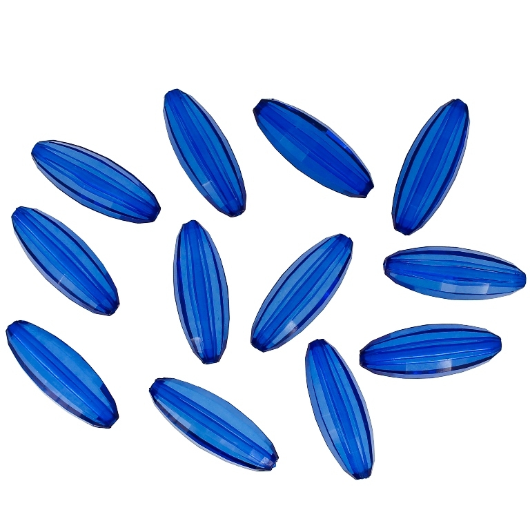 TRANSPARENT PLASTIC BEADS - ELLIPSE FACETED 03 - 33x12mm BLUE (DARK) V44 - 50g Hole-2.0mm (19pcs.)