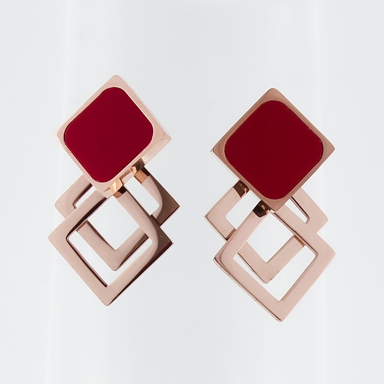 JEWELRY - EARRINGS - SCREW - STAINLESS STEEL AND RESIN - SQUARES 03 - 1.5x2.5cm ROSE GOLD AND RED - PACKAGE 6 pairs