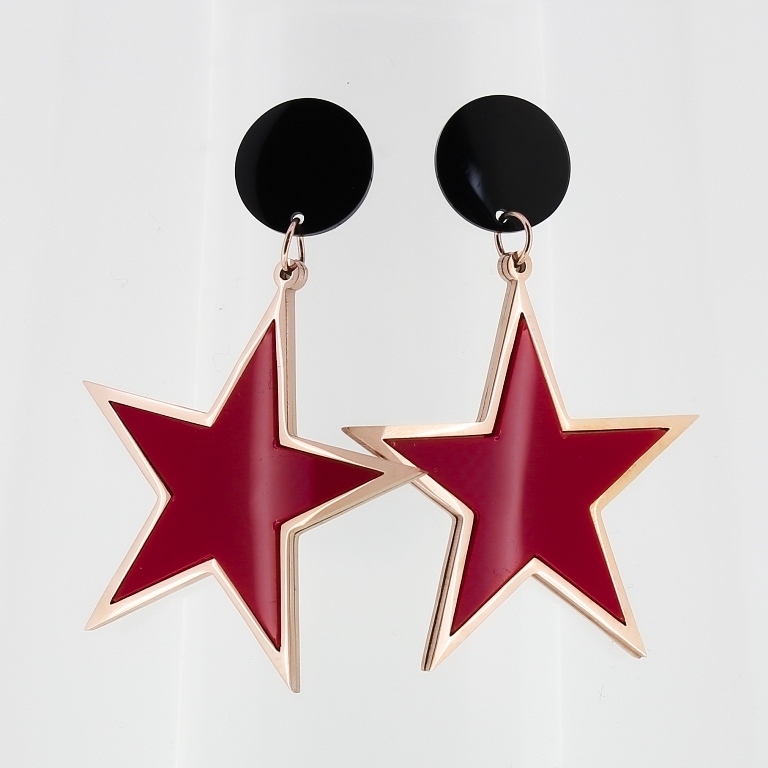 JEWELRY - EARRINGS - SCREW - STAINLESS STEEL AND RESIN - CIRCLE AND STAR 02 - 3.6x5cm ROSE GOLD WITH RED AND BLACK - PACKAGE 6 pairs