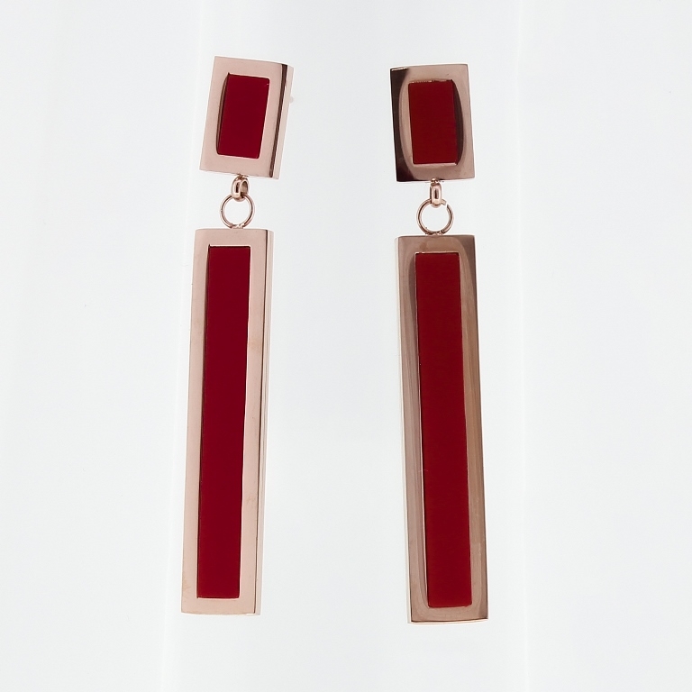 JEWELRY - EARRINGS - SCREW - STAINLESS STEEL AND RESIN - RECTANGLES 01 - 0.7x5.2cm ROSE GOLD AND RED - PACKAGE 6 pairs