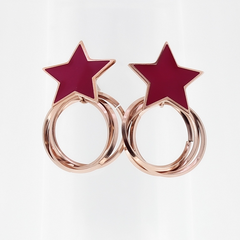 JEWELRY - EARRINGS - SCREW - STAINLESS STEEL WITH ENAMEL - STAR 02 WITH CIRCLES - 2x3cm ROSE GOLD AND RED - 1 pair