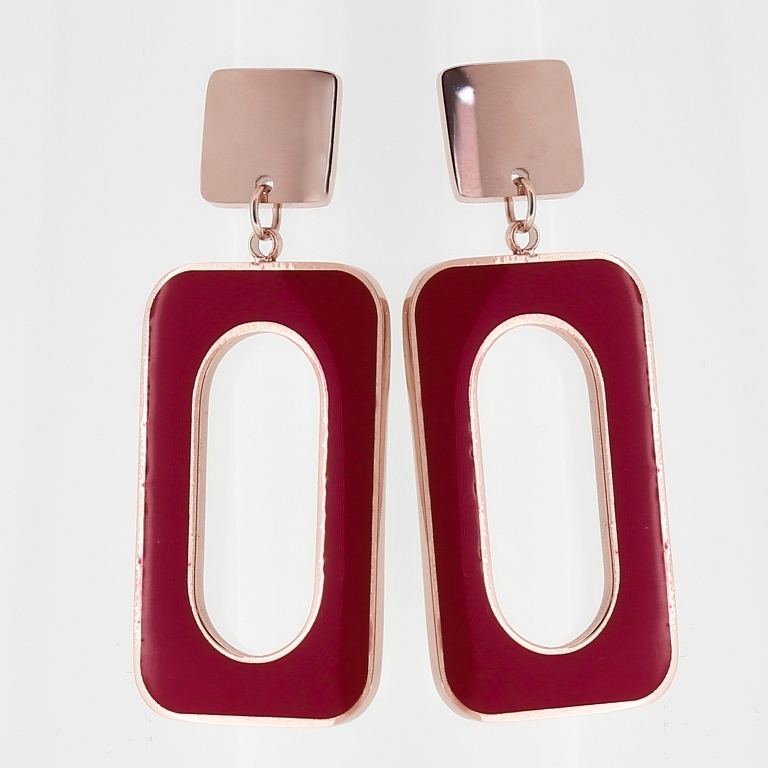 JEWELRY - EARRINGS - SCREW - STAINLESS STEEL WITH ENAMEL - SQUARE AND RECTANGLE WITH OVAL - 1.9x4.4cm ROSE GOLD AND RED - 1 pair