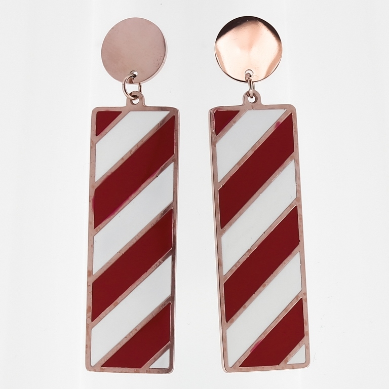 JEWELRY - EARRINGS - SCREW - STAINLESS STEEL WITH ENAMEL - CIRCLE AND RECTANGLE 02 - 1.4x5.2cm ROSE GOLD WITH WHITE STRIPES AND RED - PACKAGE 6 pairs