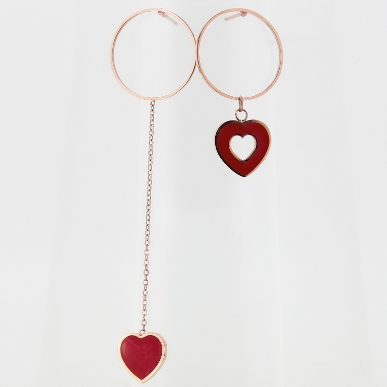 JEWELRY - EARRINGS - SCREW - STAINLESS STEEL WITH ENAMEL - CIRCLE AND HEART 01 - 2x8cm ROSE GOLD AND RED - 1 pair