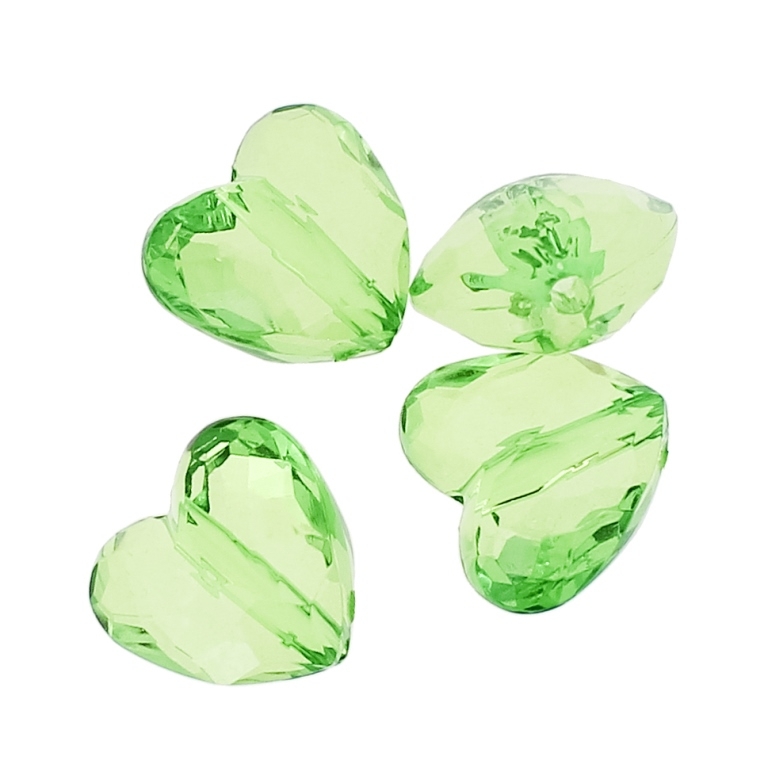 TRANSPARENT PLASTIC BEADS - HEART 06 FACETED - 17x18.5x11mm GREEN (LIGHT) V34 - 50g Hole-2.5mm (27pcs.)