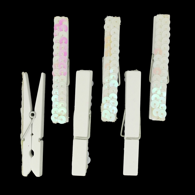 WOODEN FIGURES - CLOTHESPIN - SEQUINS - 74х13х10mm WHITE - 5pcs.