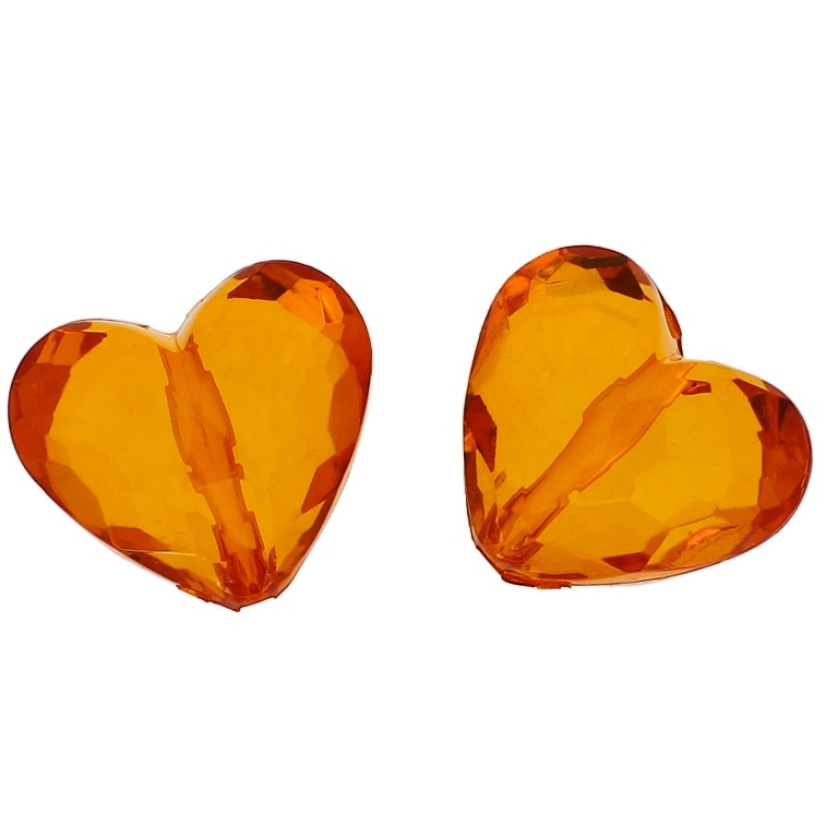 TRANSPARENT PLASTIC BEADS - HEART 06 FACETED - 25x29x16mm ORANGE (DARK) V28 - 50g Hole-2.8mm (8pcs.)