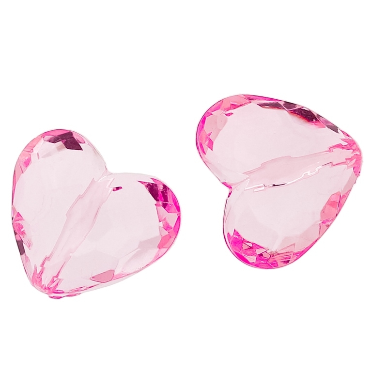 TRANSPARENT PLASTIC BEADS - HEART 06 FACETED - 25x29x16mm PINK V04 - 50g Hole-2.8mm (8pcs.)