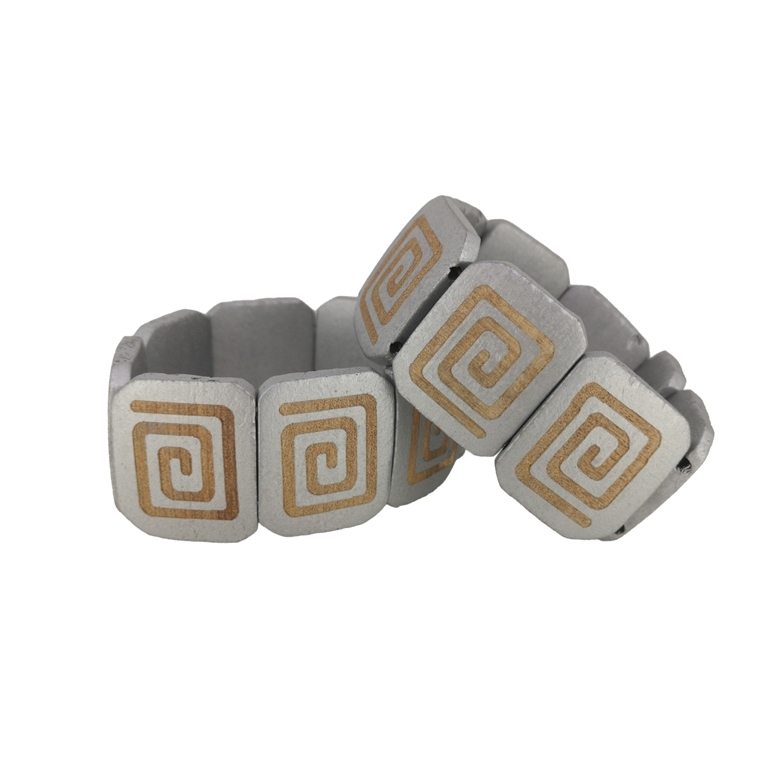 JEWELRY - ELASTIC BRACELET - WOODEN - SPIRAL TILE - SILVER - PACKAGE 12pcs.