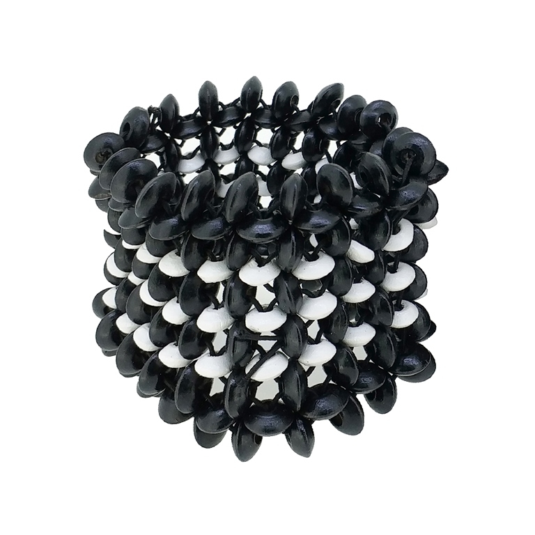 JEWELRY - ELASTIC BRACELET - WOODEN - GRID OF FLYING SAUCERS - BLACK AND WHITE - 1pc.