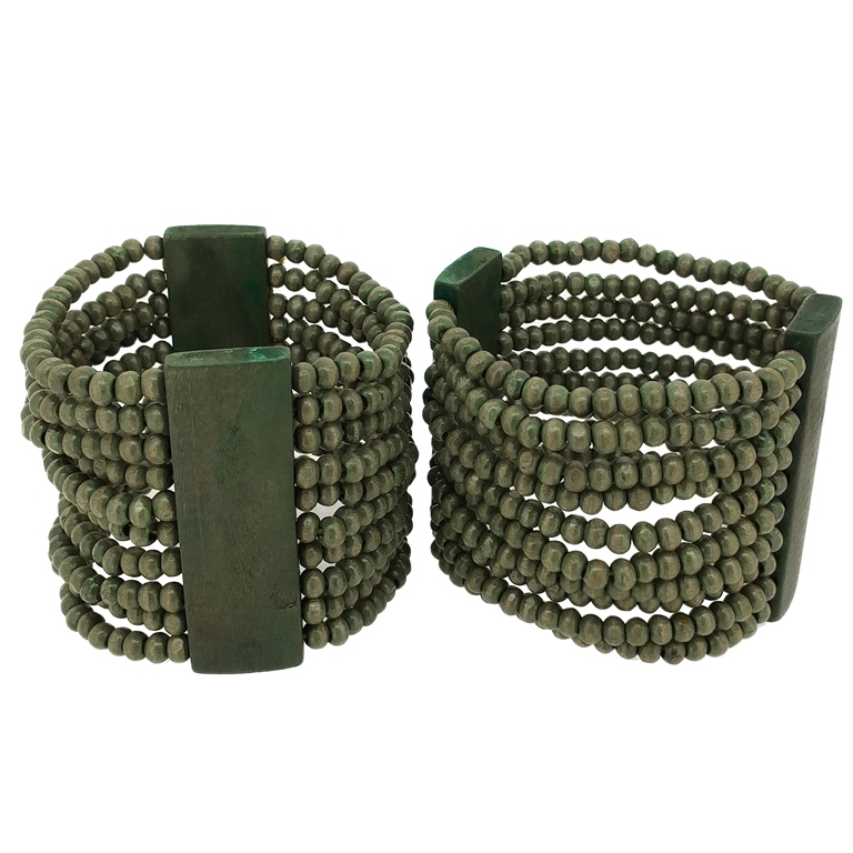 JEWELRY - ELASTIC BRACELET - WOODEN - 2 TILES WITH 10 STRINGS - GREEN (DARK) А51 - PACKAGE 12pcs.