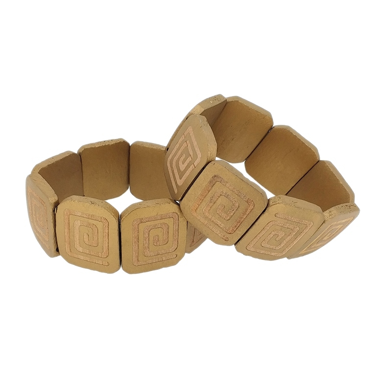 JEWELRY - ELASTIC BRACELET - WOODEN - SPIRAL TILE - GOLD - PACKAGE 12pcs.