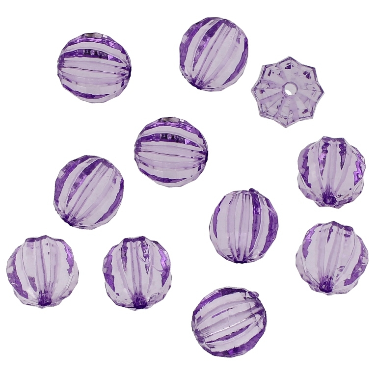 TRANSPARENT PLASTIC BEADS - BALL FACETED 03 WITH STRIPES - 18mm PURPLE (LIGHT) V49 - 50g Hole-3.0mm (19pcs.)