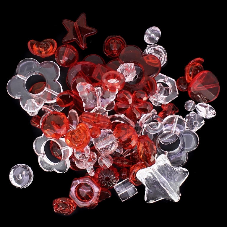 TRANSPARENT PLASTIC BEADS - MIXED MODELS - WHITE AND RED - 50g