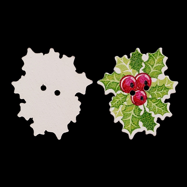 WOODEN FIGURES - CHRISTMAS - BUTTON TYPE - BRANCHES 01 - 25x30x2mm WHITE WITH RED AND GREEN - 10 pcs. Hole-2x2.0mm