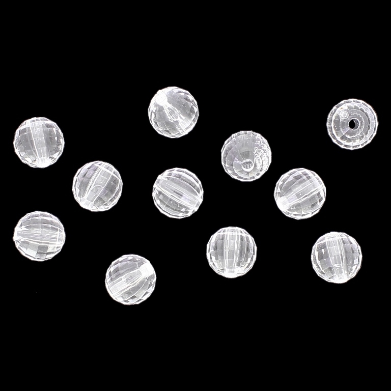 TRANSPARENT PLASTIC BEADS - BALL FACETED - 10mm WHITE V01 - 50g Hole-2.0mm (89pcs.)