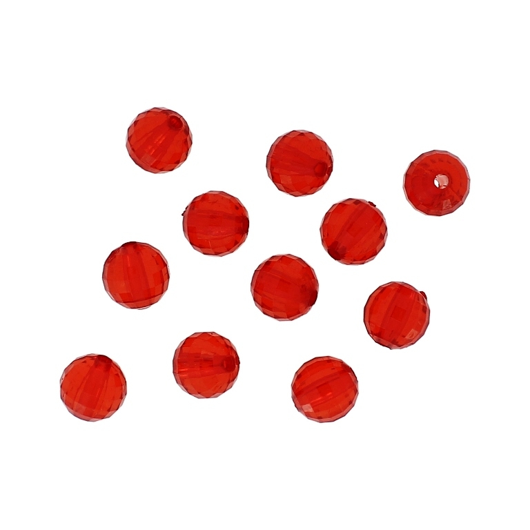 TRANSPARENT PLASTIC BEADS - BALL FACETED - 10mm RED V12 - PACKAGE 500g Hole-2.0mm (890pcs.)