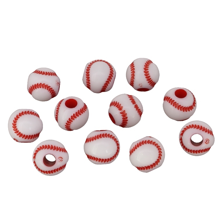 ACRYLIC BEADS - BASEBALL - 12mm WHITE WITH RED - 50g Hole-3.8mm (67pcs.)