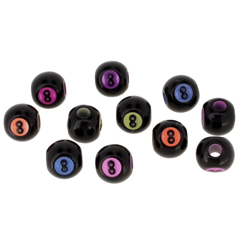 ACRYLIC BEADS - BILLIARD BALL NO 8 - 12mm BLACK WITH MIX - 50g Hole-3.8mm (61pcs.)