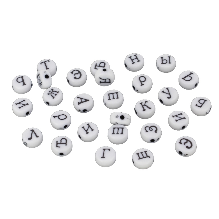 ACRYLIC BEADS - LETTERS - DISK CYRILLIC - 7x4mm WHITE WITH BLACK - 50g Hole-1.6mm (370pcs.)