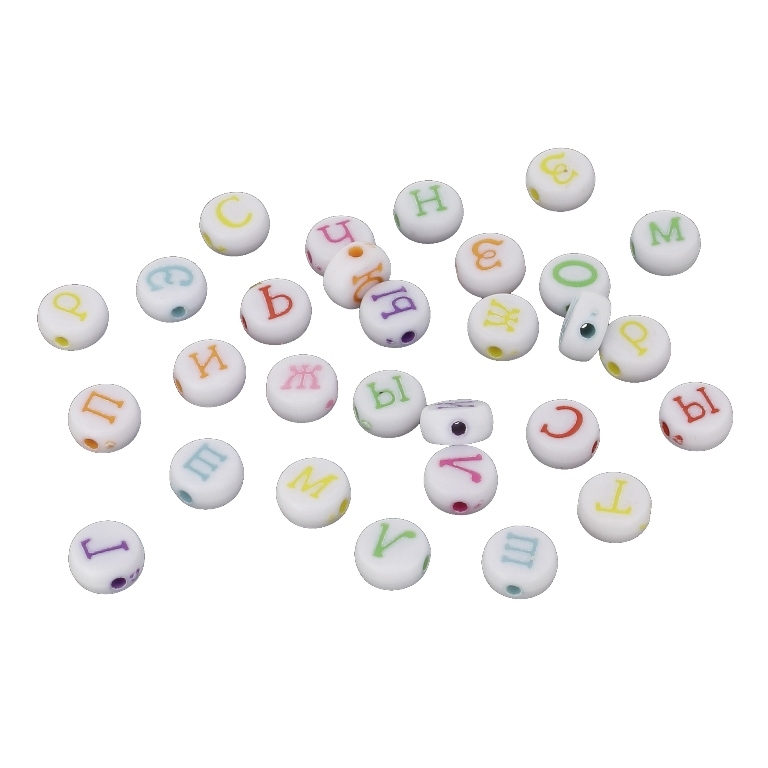 ACRYLIC BEADS - LETTERS - DISK CYRILLIC - 7x4mm MIX (LIGHT) - 50g Hole-1.6mm (360pcs.)