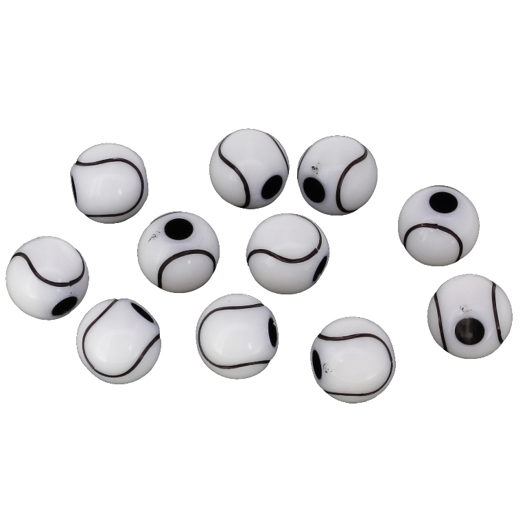 ACRYLIC BEADS - TENNIS BALL - 12mm WHITE WITH BLACK - 50g Hole-3.8mm (67pcs.)