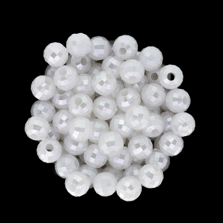 ACRYLIC IMITATION PLASTIC PEARLS EMBOSSED - BALL FACETED - 8mm WHITE - 50g Hole-2.6mm (210pcs.)