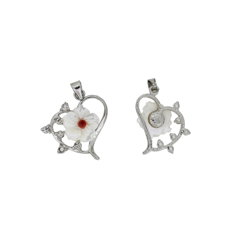 WHITE MOTHER OF PEARL PENDANT - WITH METAL AND ZIRCON  - FLOWER 01 IN HEART CONTOUR - 23x24x6mm - 1pc. Hole holder-3.6mm