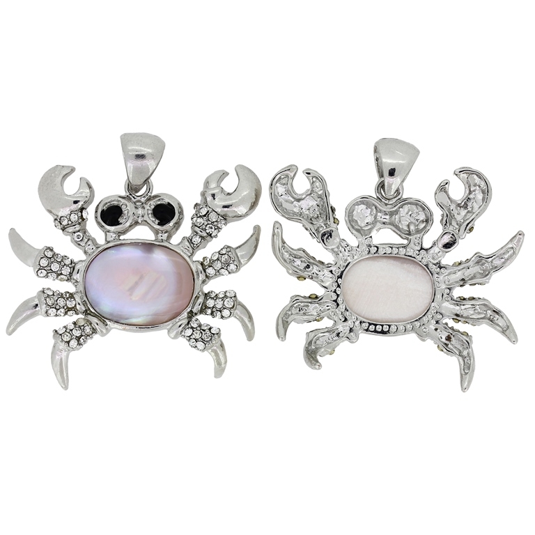 PINK MOTHER OF PEARL PENDANT - WITH METAL AND CRYSTALS - CRAB 01 - 43x35x4mm - 1pc. Hole holder-4.8mm