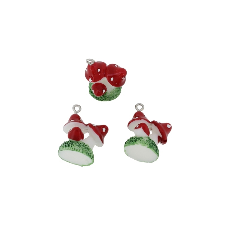 PLASTIC BEADS - RESIN 3D - PENDANTS - MUSHROOMS 01 - 18x24x15mm WHITE-RED-GREEN - 2pcs. Hole-2.2mm