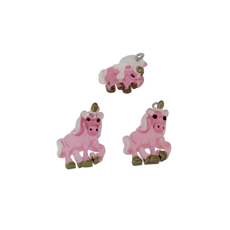 PLASTIC BEADS - RESIN 3D - PENDANTS - UNICORN 02 - 20x28x9mm PINK AND WHITE - 2pcs. Hole-2.2mm