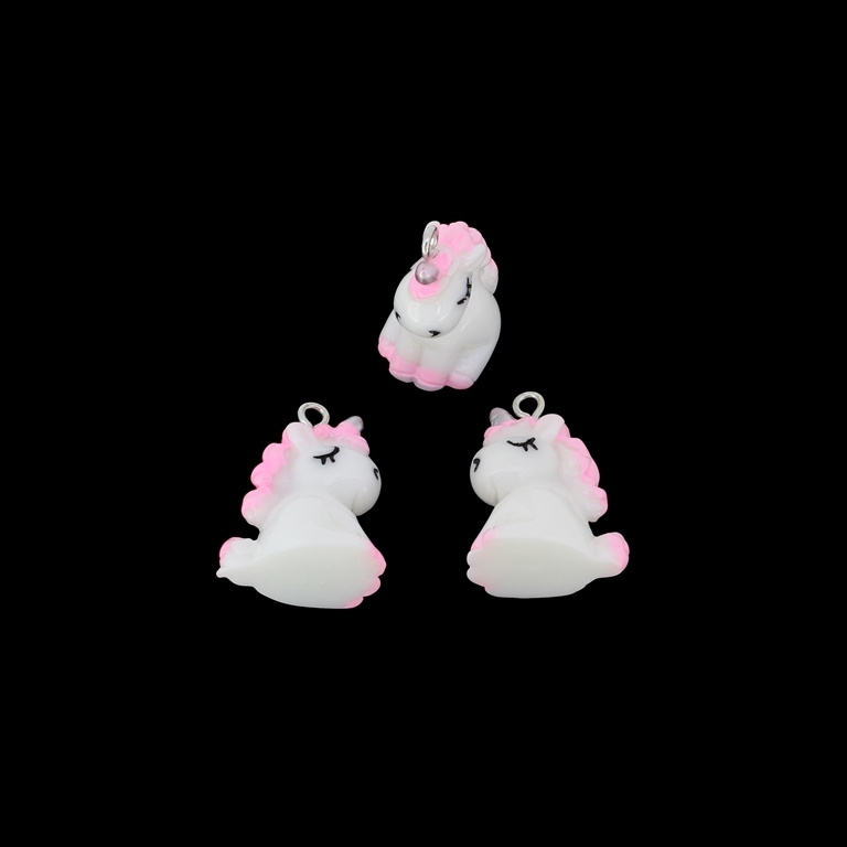 PLASTIC BEADS - RESIN 3D - PENDANTS - UNICORN 03 - 18x25x13mm WHITE AND PINK ELECTRICAL - 2pcs. Hole-2.2mm