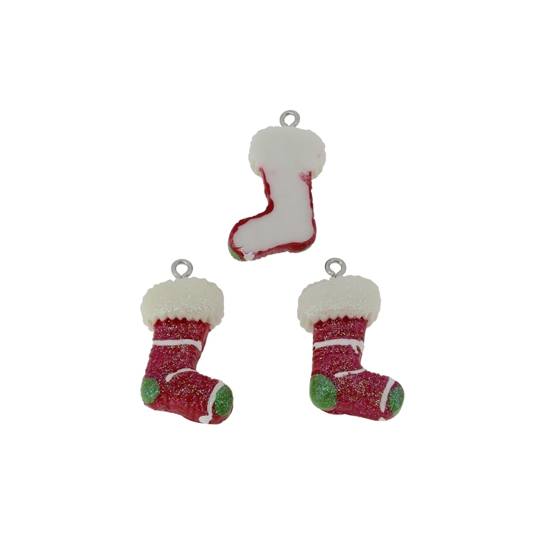 PLASTIC BEADS - RESIN 3D - PENDANTS - CHRISTMAS SOCK 01 - 17x29x7mm RED AND ECRU - 2pcs. Hole-2.2mm