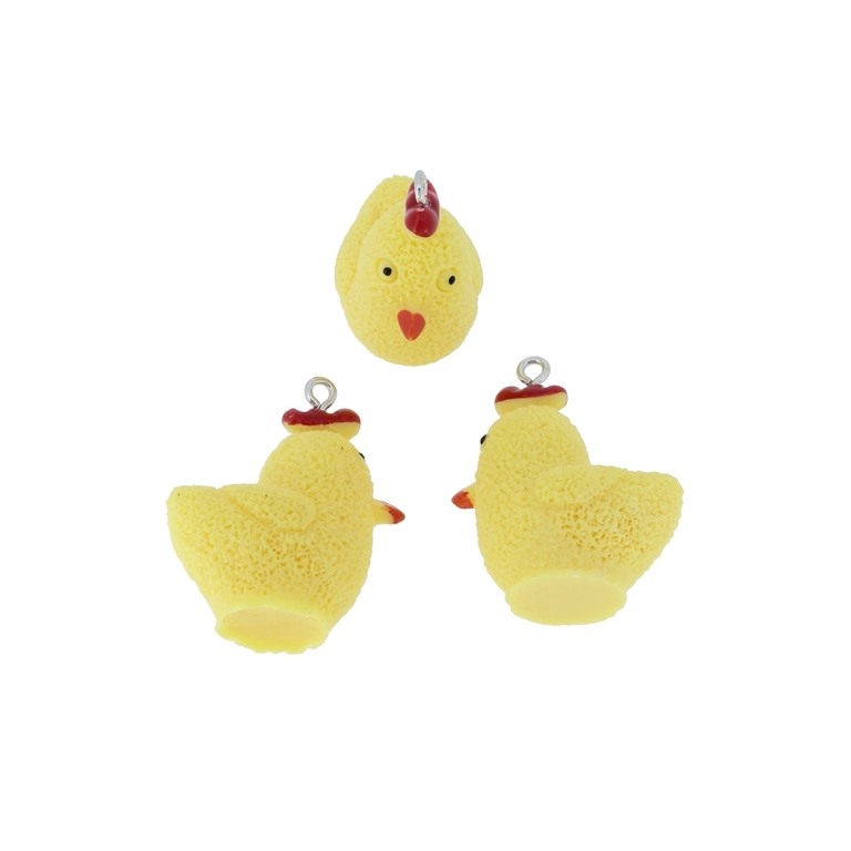 PLASTIC BEADS - RESIN 3D - PENDANTS - CHICKEN 01 - 28x33x18mm YELLOW AND RED - 2pcs. Hole-2.2mm