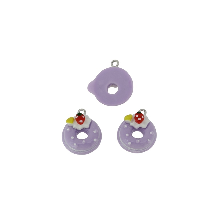 PLASTIC BEADS - RESIN 3D - PENDANTS - DONUT WITH STRAWBERRY - 18x22x9mm PURPLE (LIGHT) AND RED - PACKAGE 30pcs. Hole-2.2mm