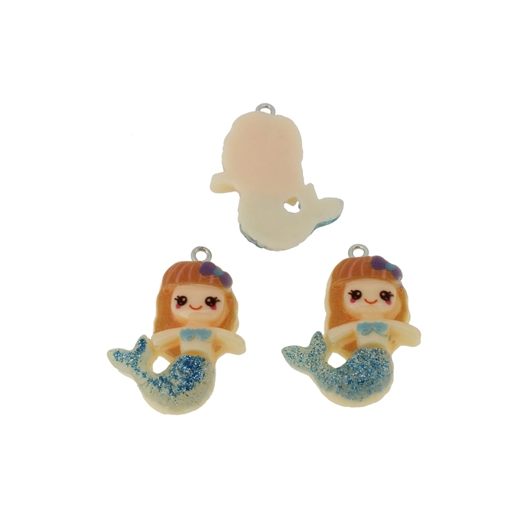 PLASTIC BEADS - RESIN 3D - PENDANTS - MERMAID 01 - 26x34x7mm BROWN (LIGHT) AND TURQUOISE - PACKAGE 30pcs. Hole-2.2mm