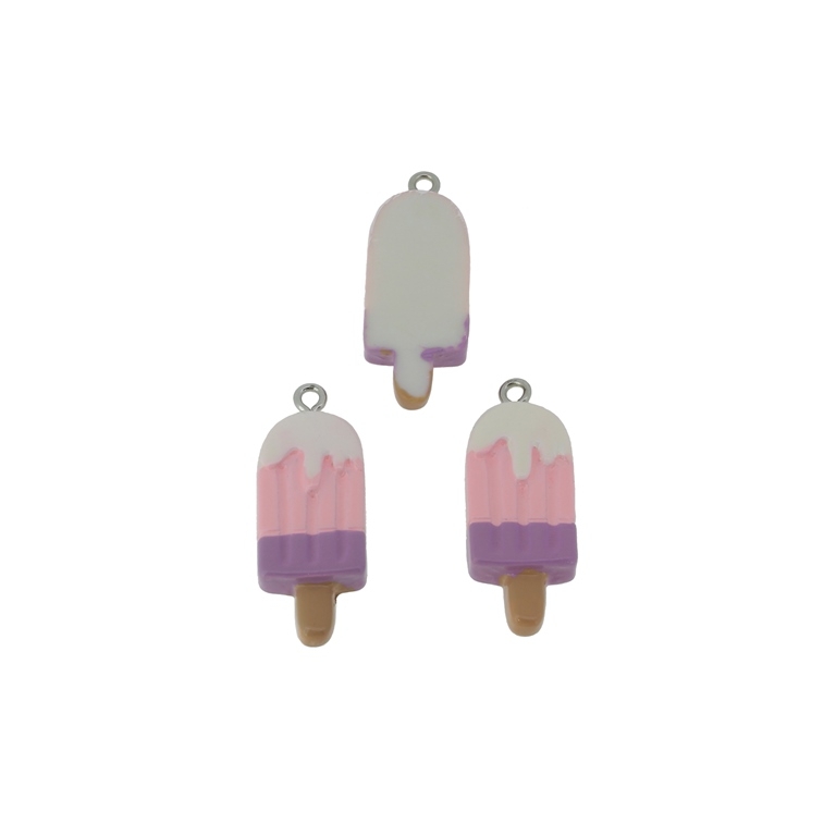 PLASTIC BEADS - RESIN 3D - PENDANTS - ICE CREAM ON STICK 01 - 13x32x5mm PINK-PURPLE-WHITE - 2pcs. Hole-2.2mm