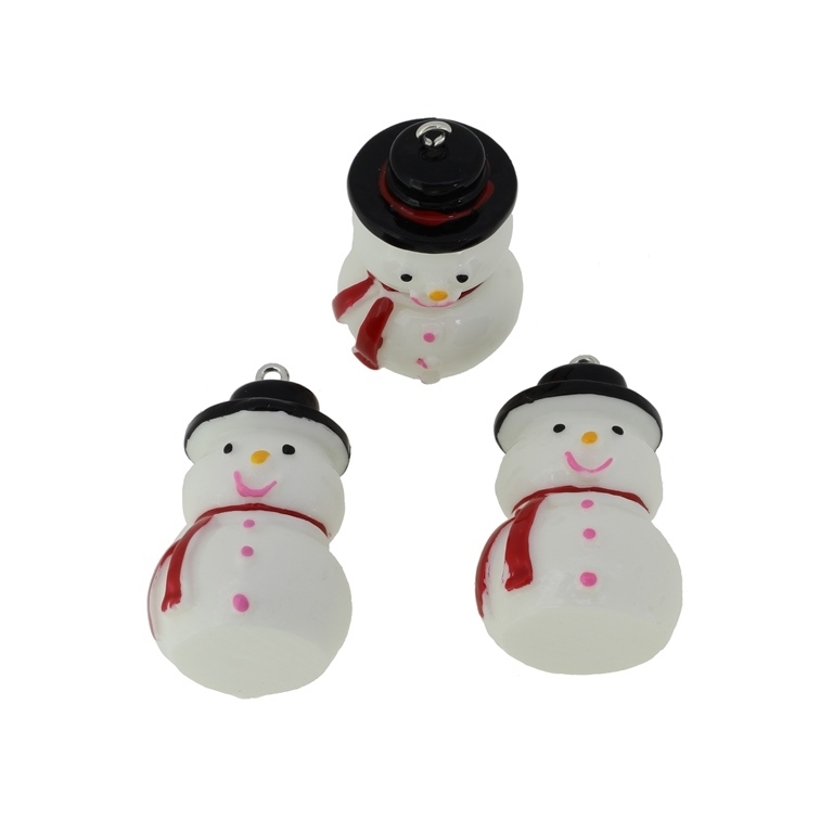 PLASTIC BEADS - RESIN 3D - PENDANTS - SNOWMAN 04 - 23x33x22mm WHITE-BLACK-RED - PACKAGE 20pcs. Hole-2.2mm