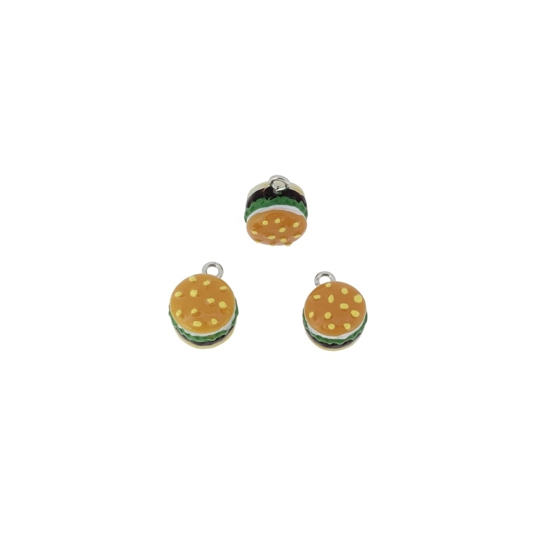 PLASTIC BEADS - RESIN 3D - PENDANTS - HAMBURGER 02 - 12x15x9mm ORANGE-GREEN-BROWN - 2pcs. Hole-2.2mm