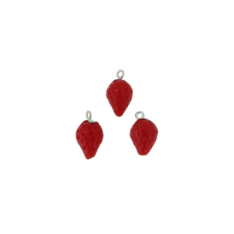 PLASTIC BEADS - RESIN 3D - PENDANTS - STRAWBERRY 04 - 11x21mm RED AND GREEN (LIGHT) - 2pcs. Hole-2.2mm