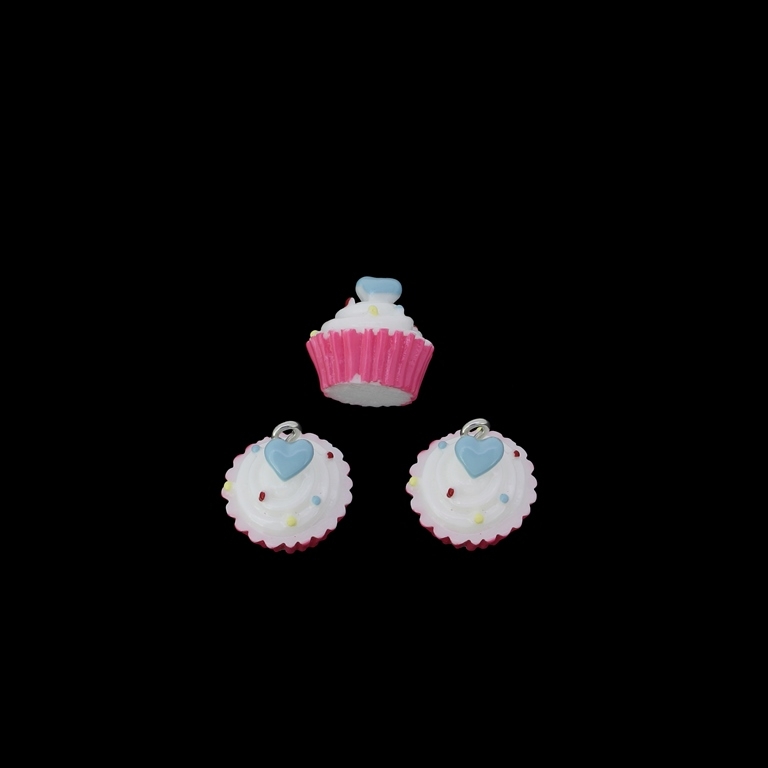 PLASTIC BEADS - RESIN 3D - PENDANTS - CUPCAKE WITH HEART 02 - 16x16mm PINK (DARK)-WHITE-BLUE - 2pcs. Hole-2.2mm